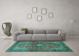 Machine Washable Medallion Turquoise Traditional Area Rugs in a Living Room,, wshtr1934turq