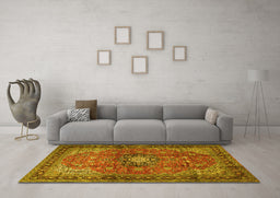 Machine Washable Medallion Yellow Traditional Rug in a Living Room, wshtr1934yw
