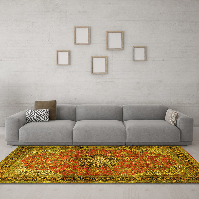 Machine Washable Medallion Yellow Traditional Rug in a Living Room, wshtr1934yw