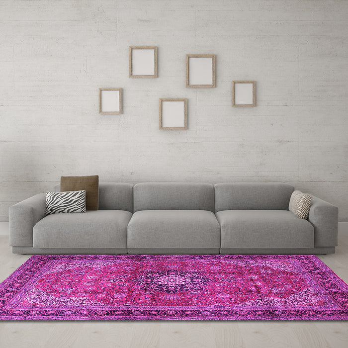 Machine Washable Medallion Pink Traditional Rug in a Living Room, wshtr1934pnk