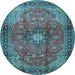 Round Machine Washable Medallion Light Blue Traditional Rug, wshtr1934lblu