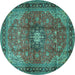 Round Machine Washable Medallion Turquoise Traditional Area Rugs, wshtr1934turq