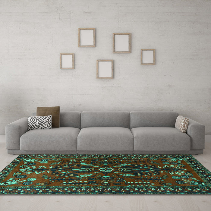 Machine Washable Persian Turquoise Traditional Area Rugs in a Living Room,, wshtr1935turq