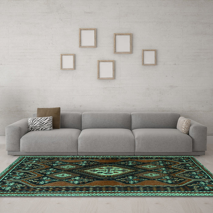Machine Washable Persian Turquoise Traditional Area Rugs in a Living Room,, wshtr1936turq