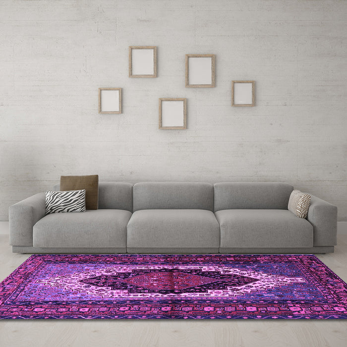 Machine Washable Persian Purple Traditional Area Rugs in a Living Room, wshtr1937pur
