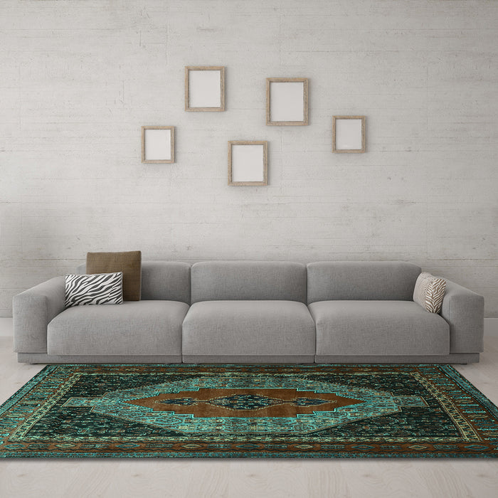 Machine Washable Persian Turquoise Traditional Area Rugs in a Living Room,, wshtr1938turq