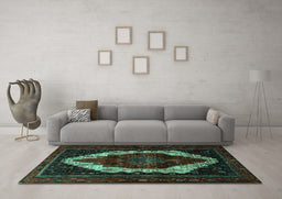 Machine Washable Persian Turquoise Traditional Area Rugs in a Living Room,, wshtr1939turq