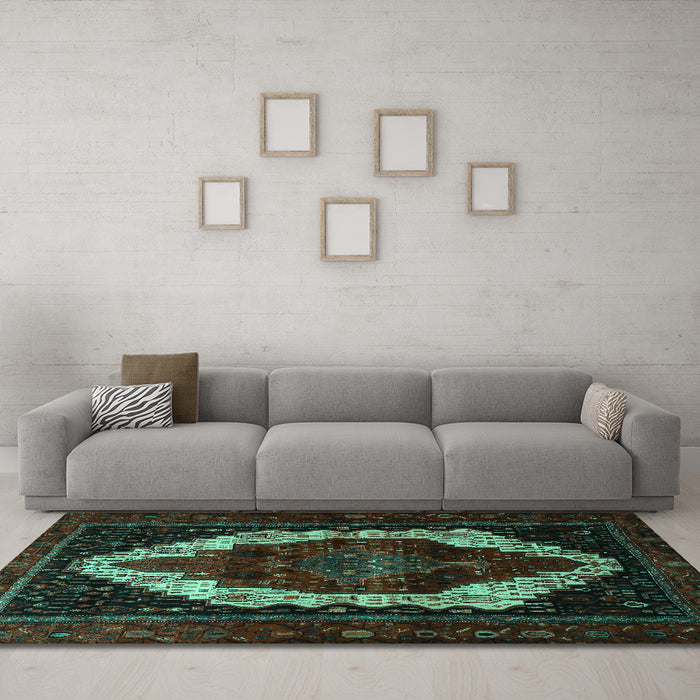 Machine Washable Persian Turquoise Traditional Area Rugs in a Living Room,, wshtr1939turq