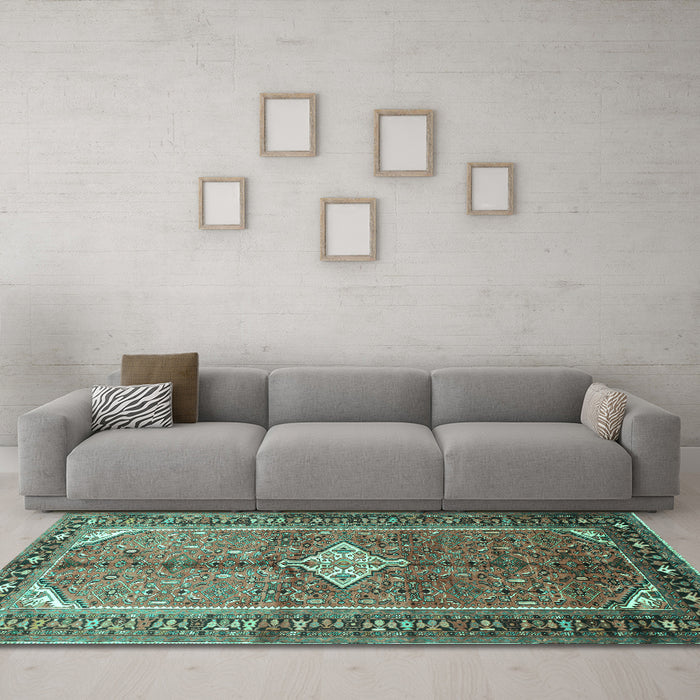 Machine Washable Persian Turquoise Traditional Area Rugs in a Living Room,, wshtr193turq
