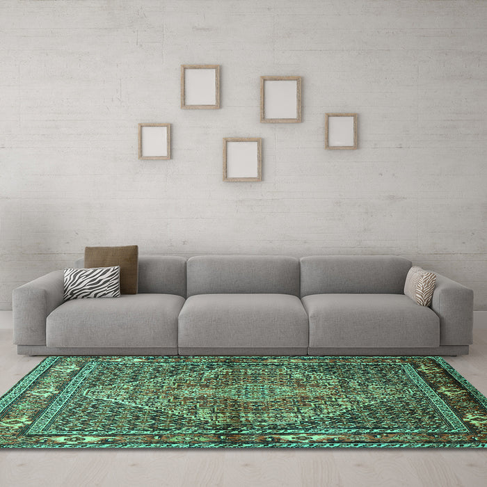 Machine Washable Persian Turquoise Traditional Area Rugs in a Living Room,, wshtr1940turq