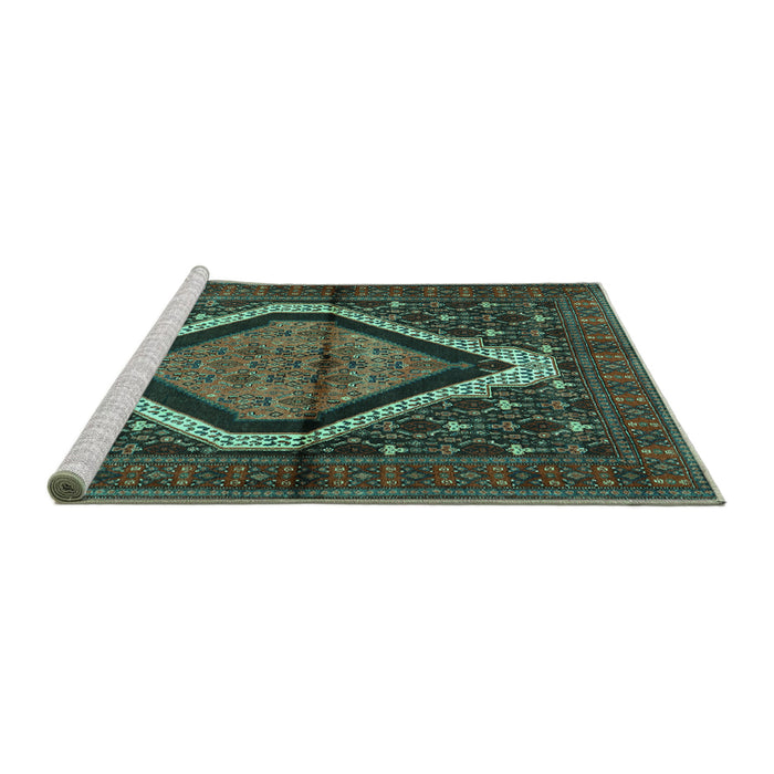 Sideview of Machine Washable Persian Turquoise Traditional Area Rugs, wshtr1941turq