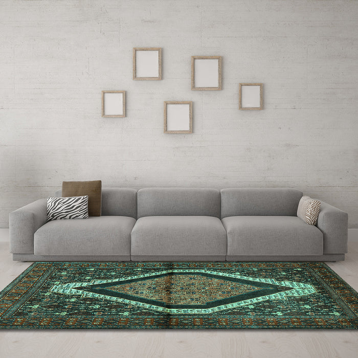 Machine Washable Persian Turquoise Traditional Area Rugs in a Living Room,, wshtr1941turq