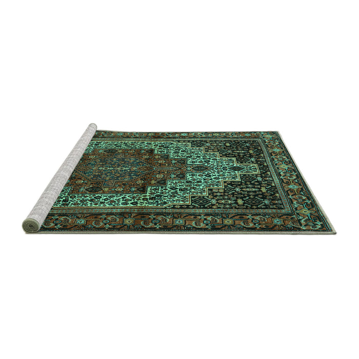 Sideview of Machine Washable Persian Turquoise Traditional Area Rugs, wshtr1942turq