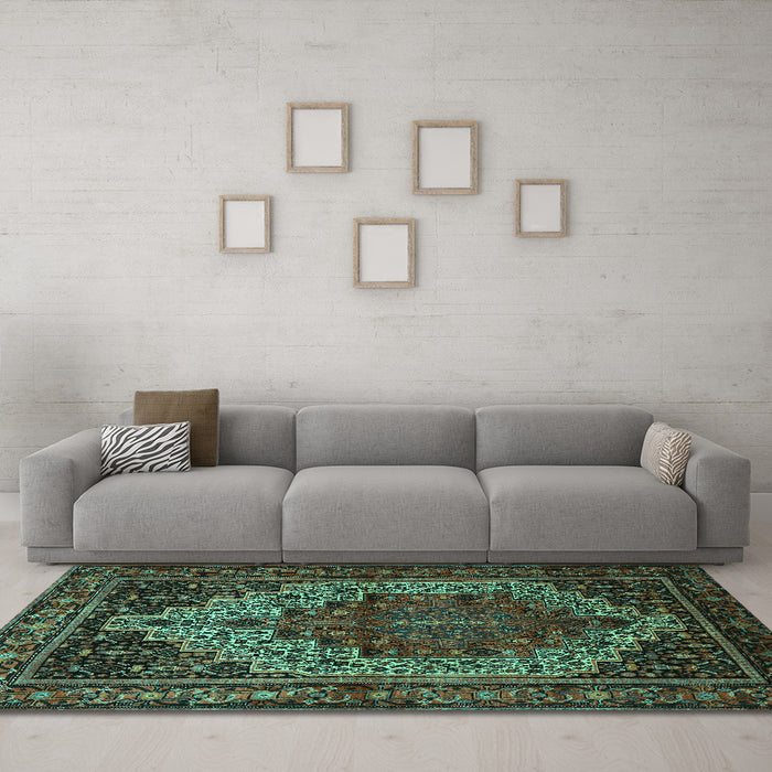 Machine Washable Persian Turquoise Traditional Area Rugs in a Living Room,, wshtr1942turq