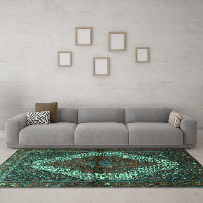 Machine Washable Persian Turquoise Traditional Area Rugs in a Living Room,, wshtr1943turq