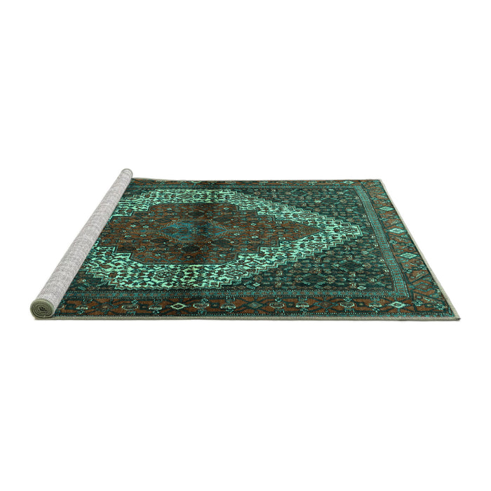 Sideview of Machine Washable Persian Turquoise Traditional Area Rugs, wshtr1943turq