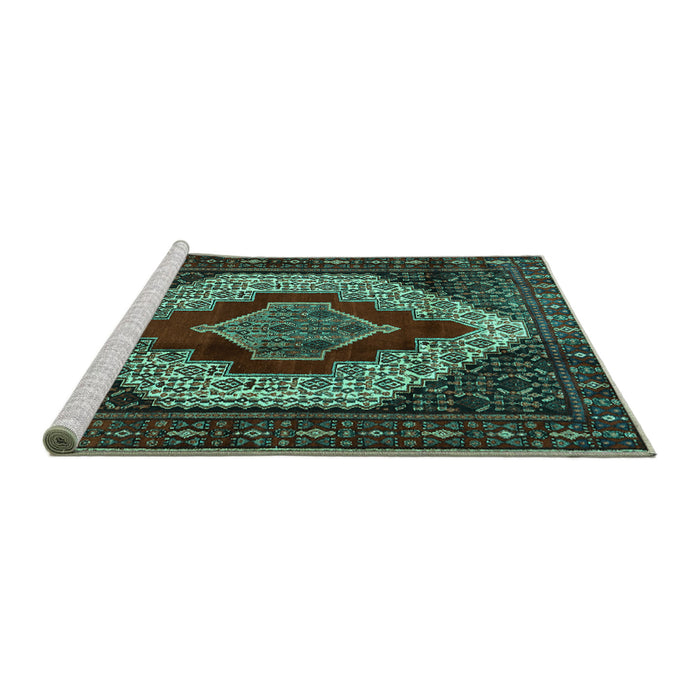 Sideview of Machine Washable Persian Turquoise Traditional Area Rugs, wshtr1944turq