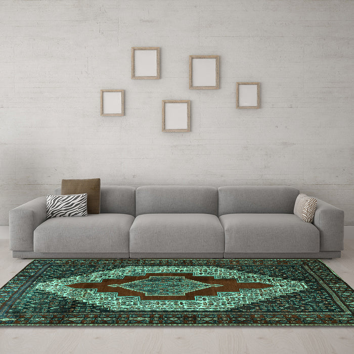Machine Washable Persian Turquoise Traditional Area Rugs in a Living Room,, wshtr1944turq