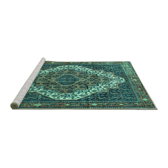 Sideview of Machine Washable Persian Turquoise Traditional Area Rugs, wshtr1945turq