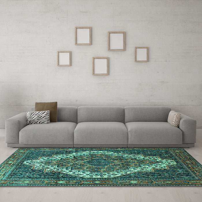 Machine Washable Persian Turquoise Traditional Area Rugs in a Living Room,, wshtr1945turq