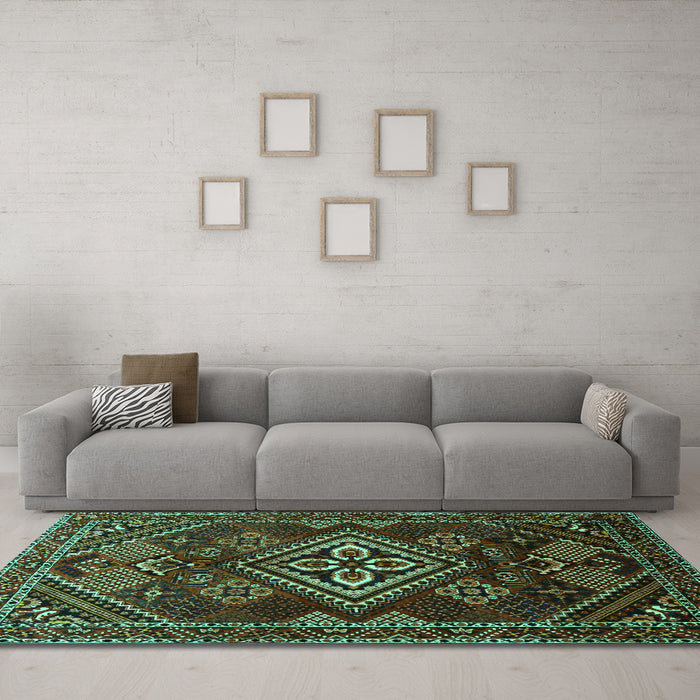 Machine Washable Persian Turquoise Traditional Area Rugs in a Living Room,, wshtr1946turq