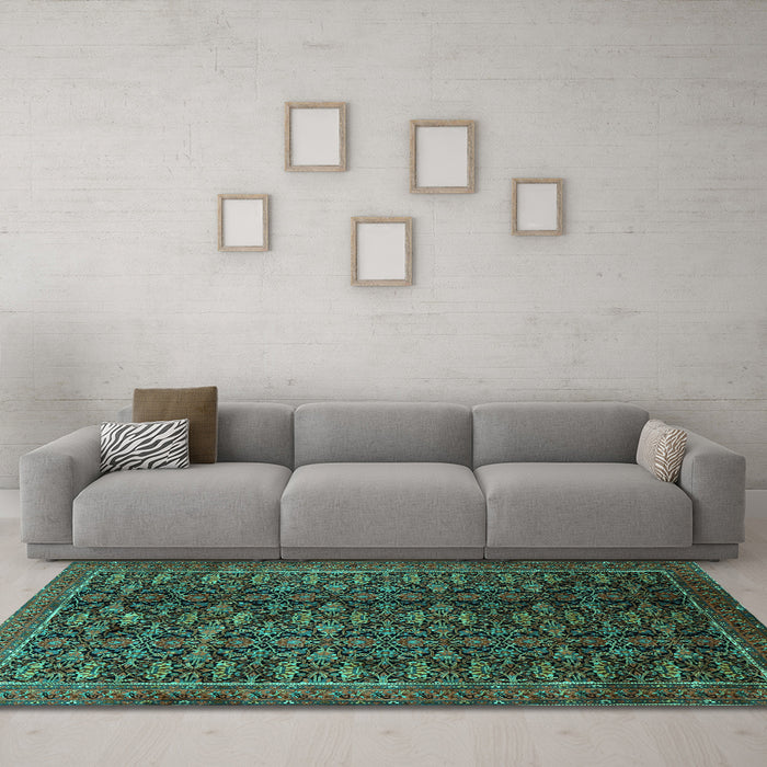 Machine Washable Persian Turquoise Traditional Area Rugs in a Living Room,, wshtr1948turq