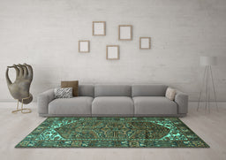 Machine Washable Persian Turquoise Traditional Area Rugs in a Living Room,, wshtr1949turq