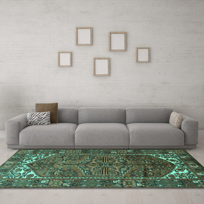 Machine Washable Persian Turquoise Traditional Area Rugs in a Living Room,, wshtr1949turq
