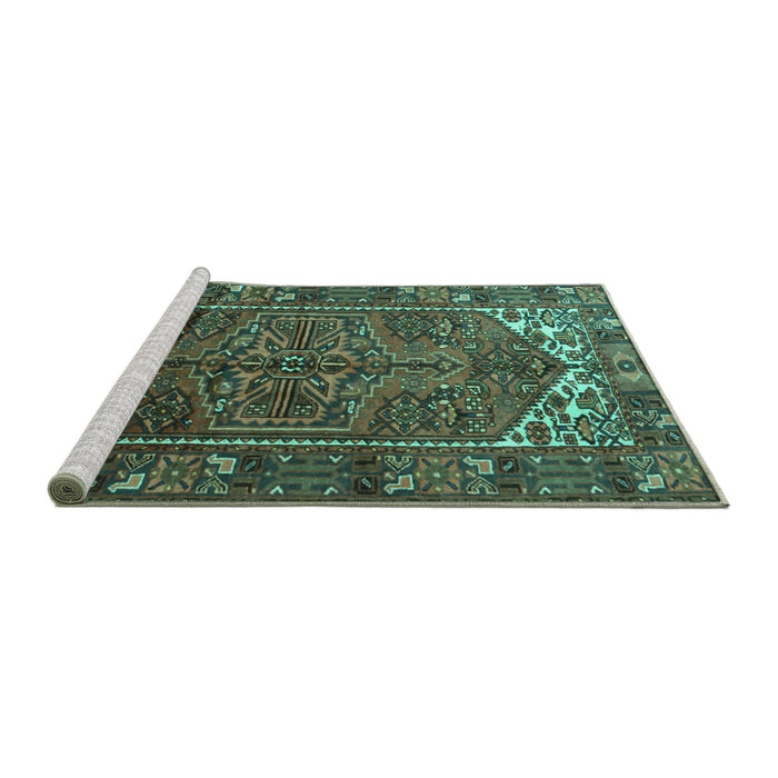 Sideview of Machine Washable Persian Turquoise Traditional Area Rugs, wshtr1949turq