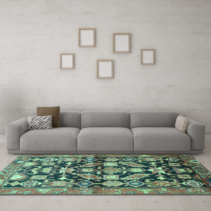 Machine Washable Persian Turquoise Traditional Area Rugs in a Living Room,, wshtr194turq