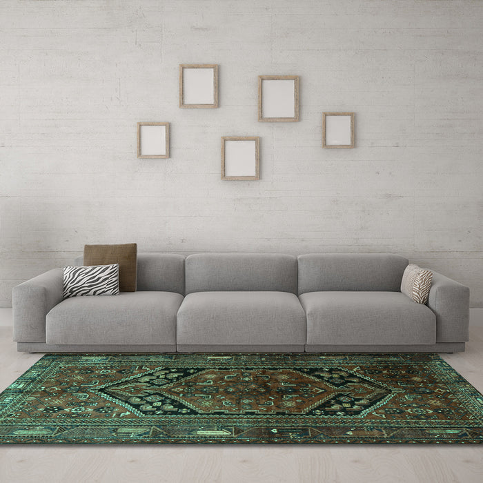 Machine Washable Persian Turquoise Traditional Area Rugs in a Living Room,, wshtr1950turq