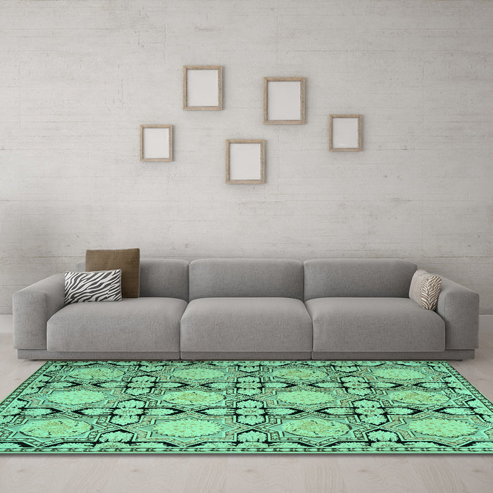 Machine Washable Persian Turquoise Traditional Area Rugs in a Living Room,, wshtr1951turq