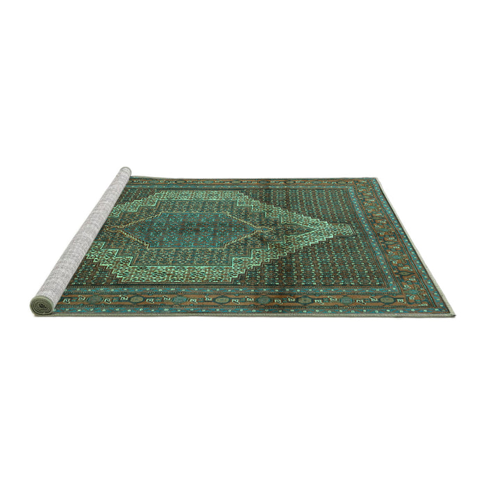 Sideview of Machine Washable Medallion Turquoise Traditional Area Rugs, wshtr1954turq