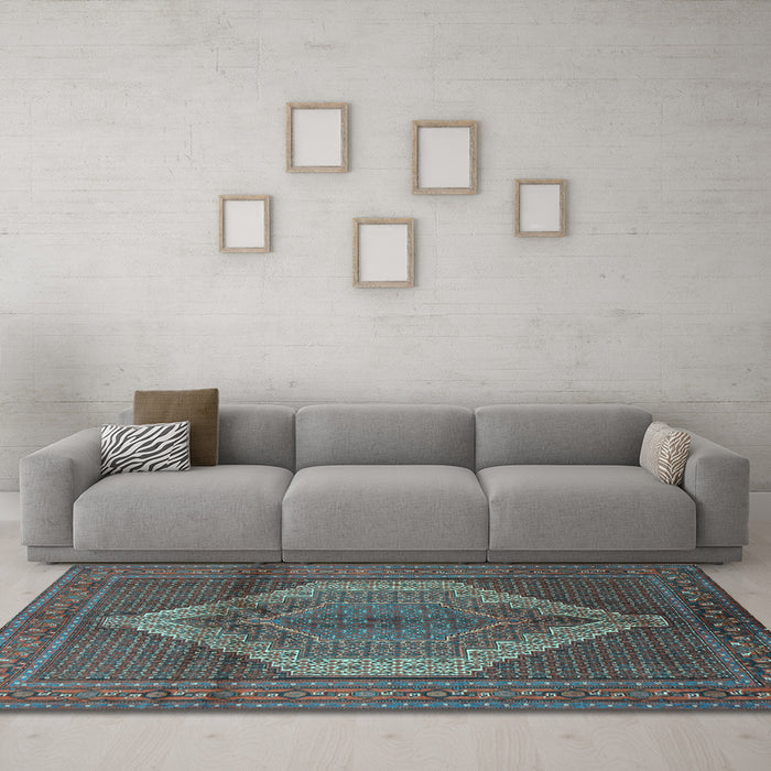 Machine Washable Medallion Light Blue Traditional Rug in a Living Room, wshtr1954lblu