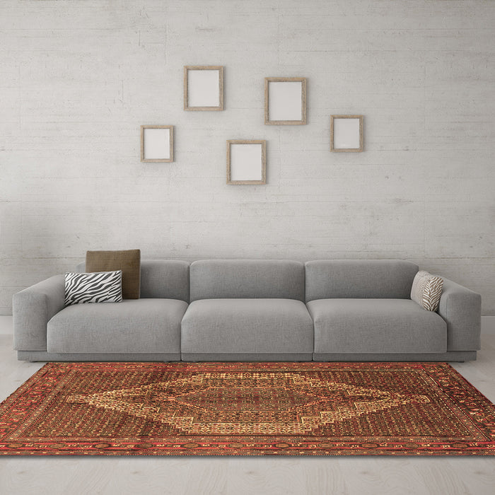 Machine Washable Medallion Brown Traditional Rug in a Living Room,, wshtr1954brn