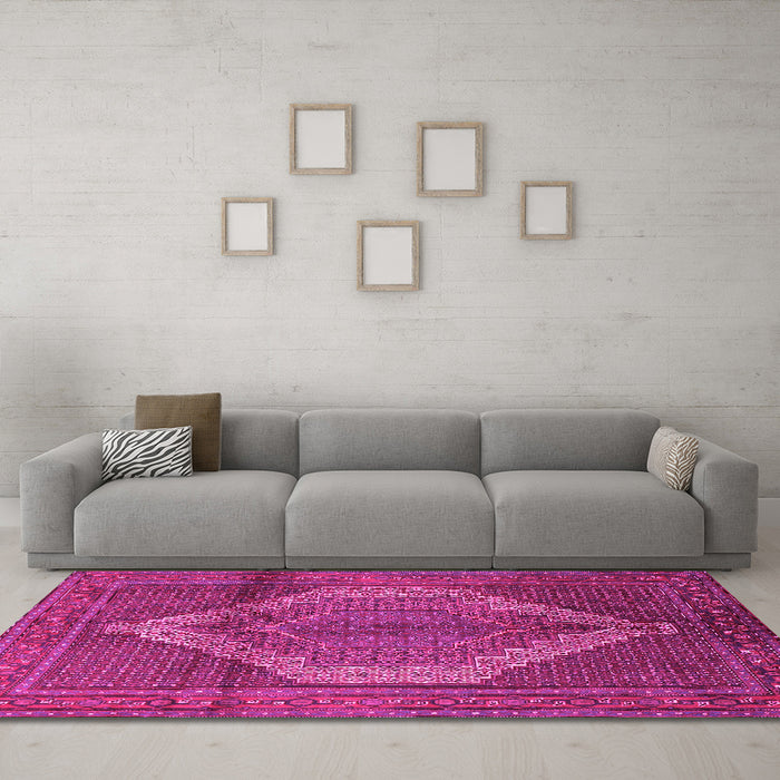 Machine Washable Medallion Pink Traditional Rug in a Living Room, wshtr1954pnk