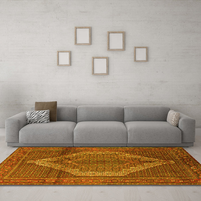 Machine Washable Medallion Yellow Traditional Rug in a Living Room, wshtr1954yw