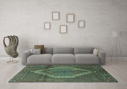 Machine Washable Medallion Turquoise Traditional Area Rugs in a Living Room,, wshtr1954turq