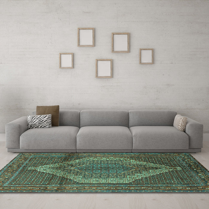 Machine Washable Medallion Turquoise Traditional Area Rugs in a Living Room,, wshtr1954turq