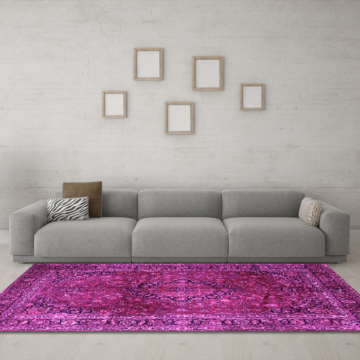 Machine Washable Medallion Pink Traditional Rug in a Living Room, wshtr1955pnk
