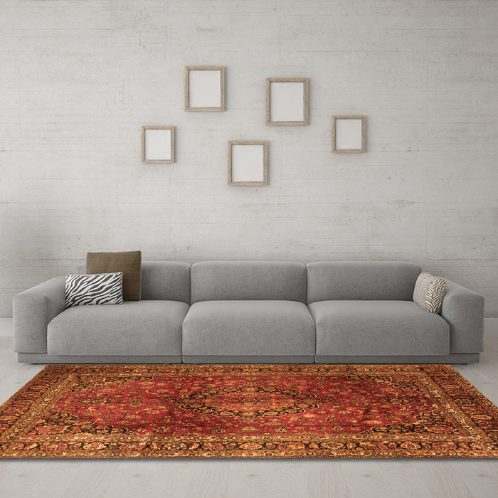 Machine Washable Medallion Orange Traditional Area Rugs in a Living Room, wshtr1955org