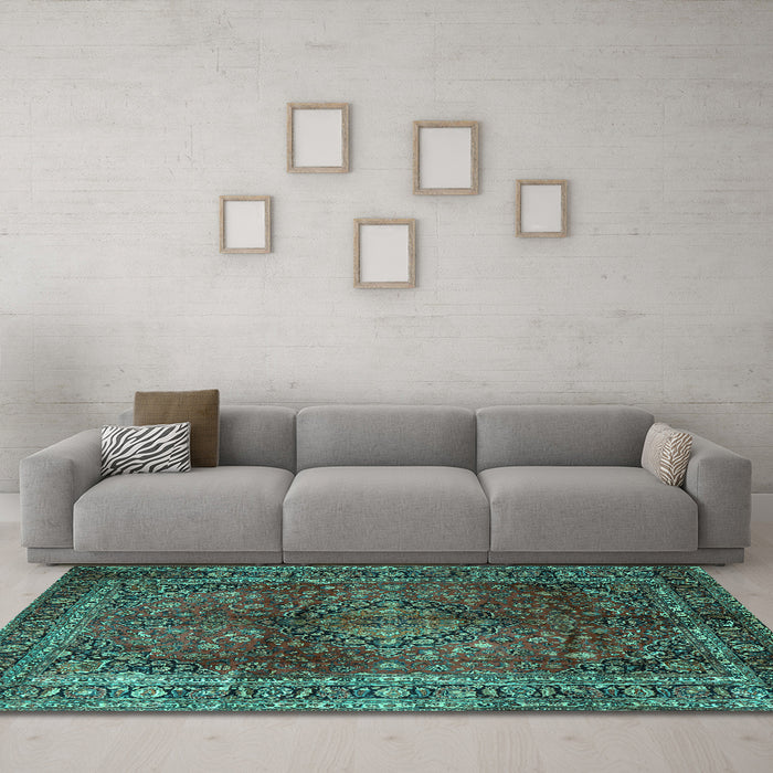 Machine Washable Medallion Turquoise Traditional Area Rugs in a Living Room,, wshtr1955turq