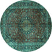 Round Machine Washable Medallion Turquoise Traditional Area Rugs, wshtr1955turq