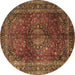 Round Machine Washable Medallion Brown Traditional Rug, wshtr1955brn