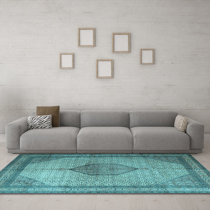 Machine Washable Medallion Light Blue Traditional Rug in a Living Room, wshtr1956lblu