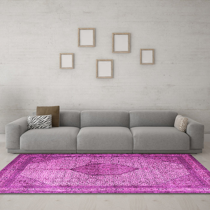 Machine Washable Medallion Pink Traditional Rug in a Living Room, wshtr1956pnk