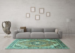 Machine Washable Persian Turquoise Traditional Area Rugs in a Living Room,, wshtr195turq