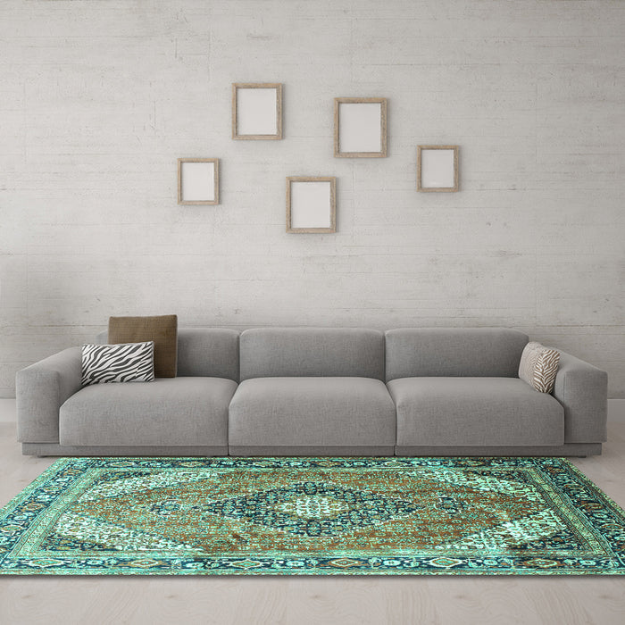 Machine Washable Persian Turquoise Traditional Area Rugs in a Living Room,, wshtr195turq