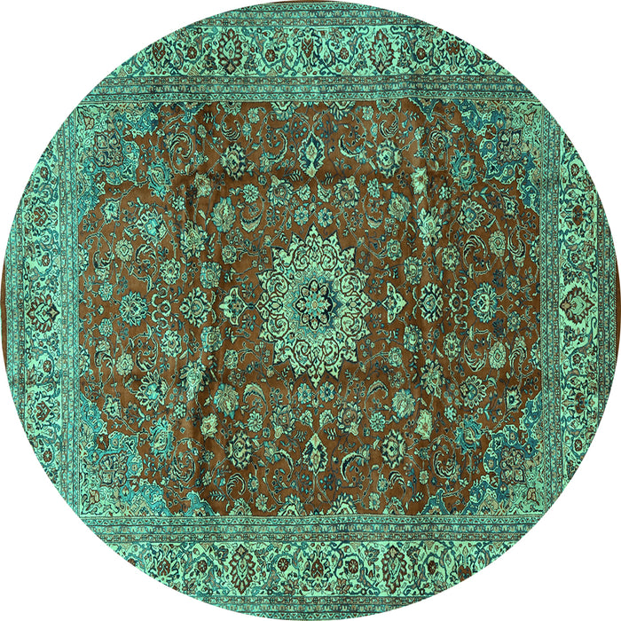 Round Machine Washable Medallion Turquoise Traditional Area Rugs, wshtr1960turq