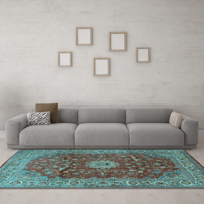 Machine Washable Medallion Light Blue Traditional Rug in a Living Room, wshtr1960lblu